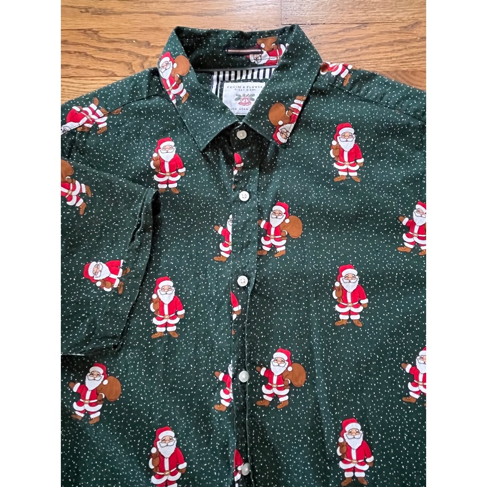 Denim & Flower Ricky Singh Mens Medium Green Santa Claus Christmas Shirt S/S